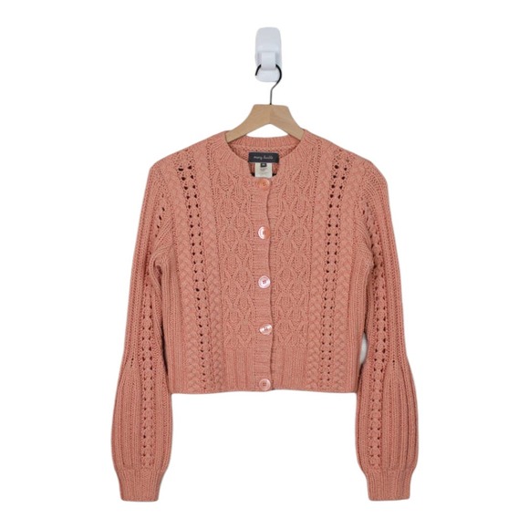 Mary Lucille Sweaters - Vintage Mary Lucille Pink Wool Blend Cropped Knit Balloon Sleeve Cardigan